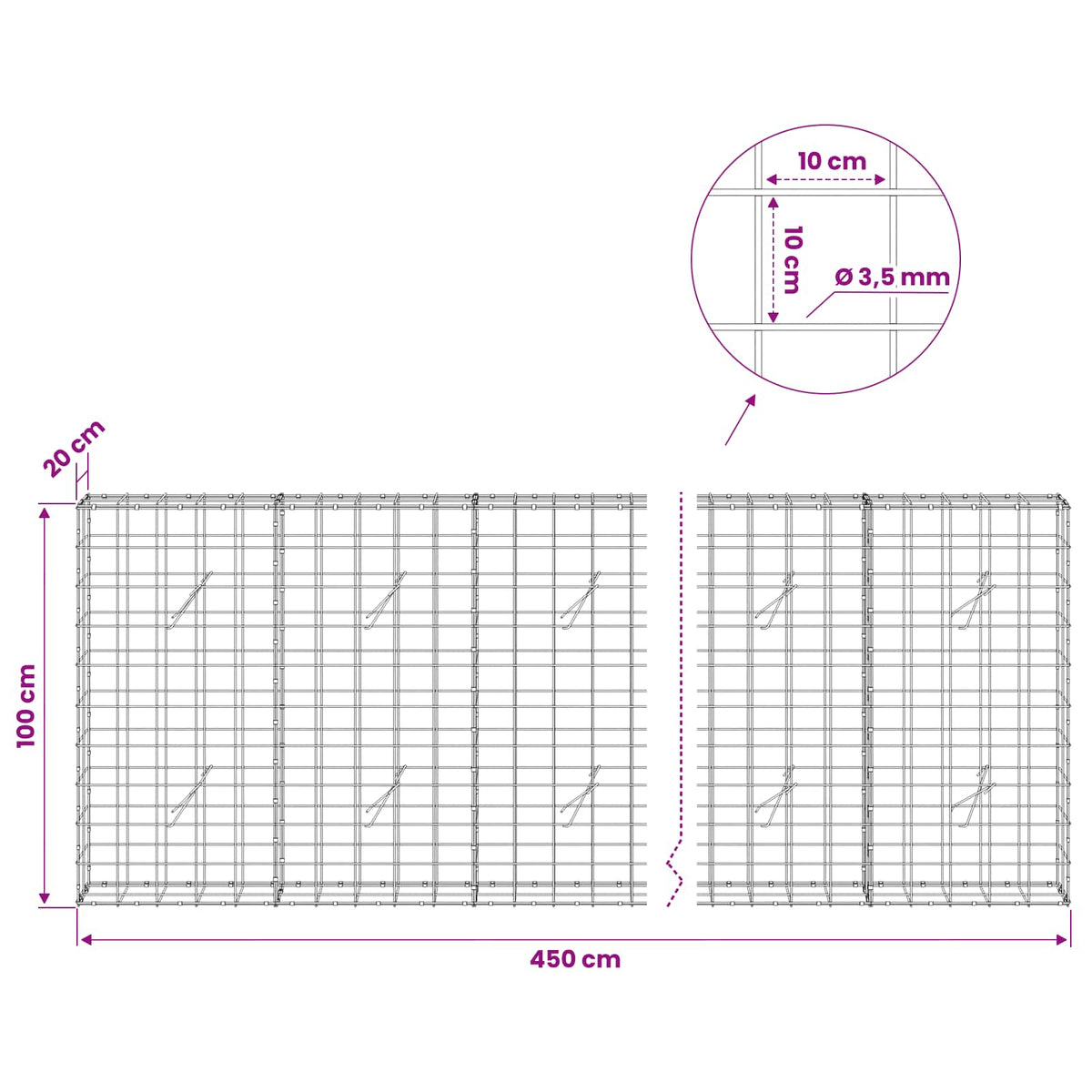 Γκαμπιόν με σύρμα 3,5 mm και πλέγμα 10x10 cm 450x20x100 εκ - Pakobazaar
