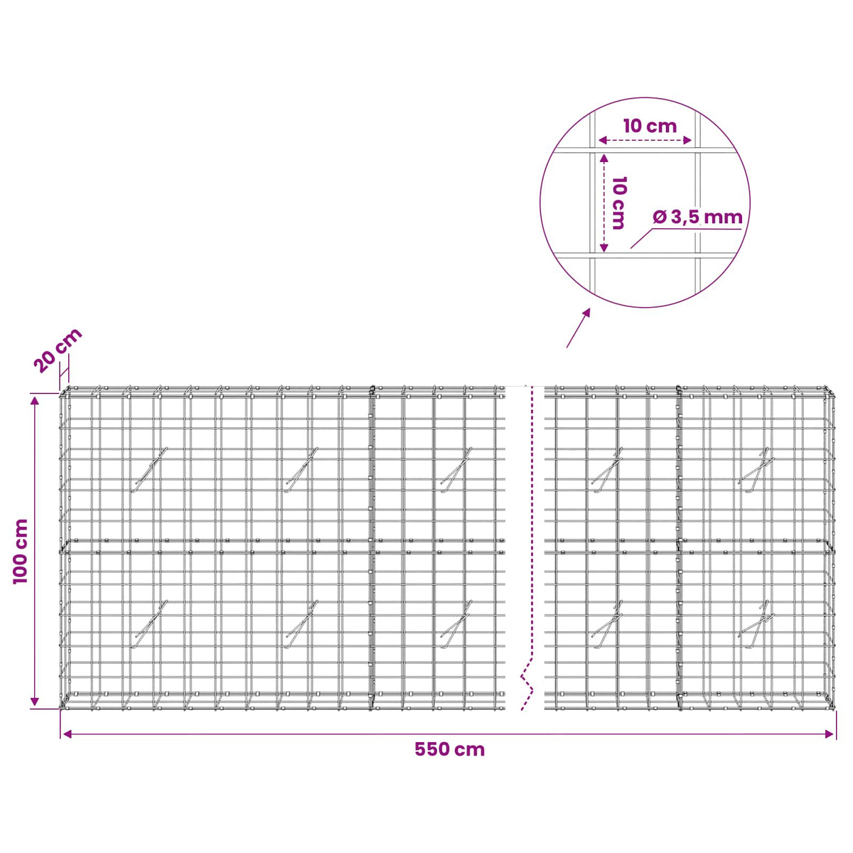 Γκαμπιόν με σύρμα 3,5 mm και πλέγμα 10x10 cm 550x20x100 εκ.