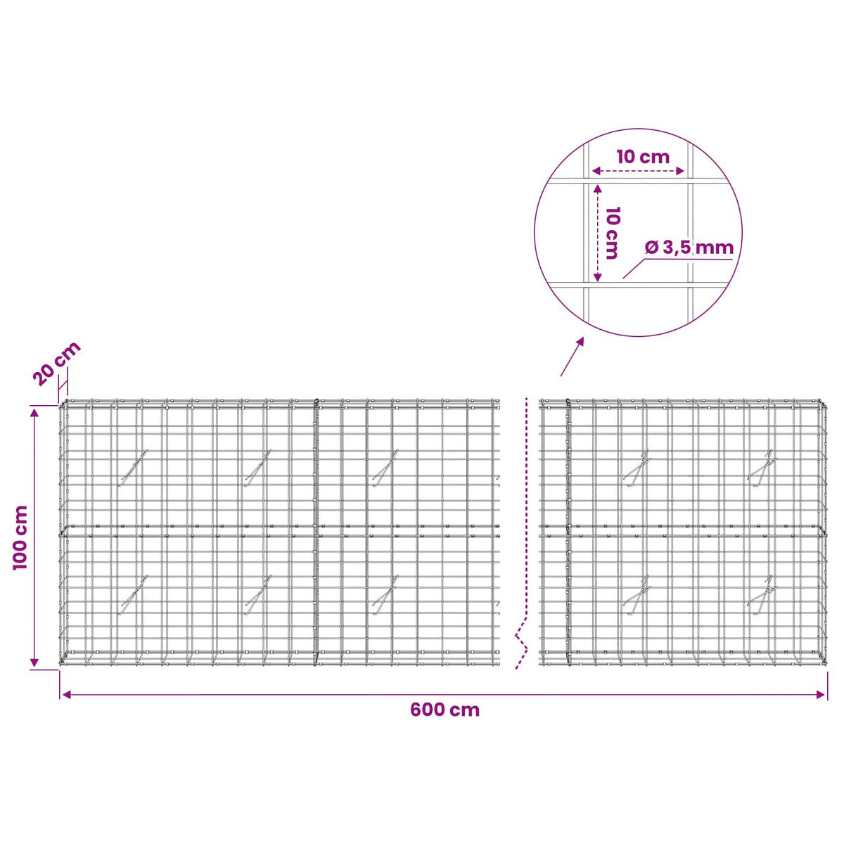 Γκαμπιόν με σύρμα 3,5 mm και πλέγμα 10x10 cm 600x20x100 εκ - Pakobazaar