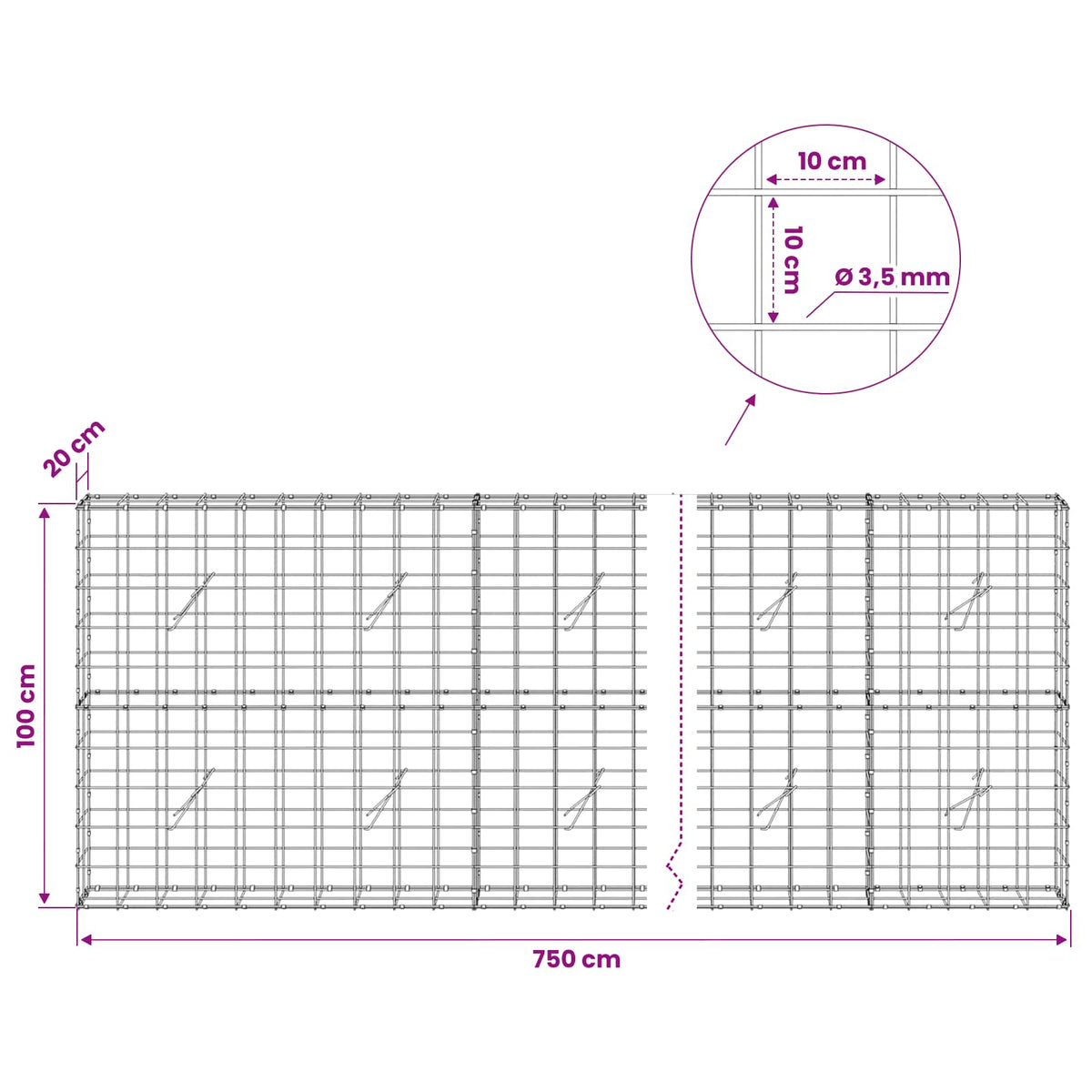 Γκαμπιόν με σύρμα 3,5 mm και πλέγμα 10x10 cm 750x20x100 εκ - Pakobazaar