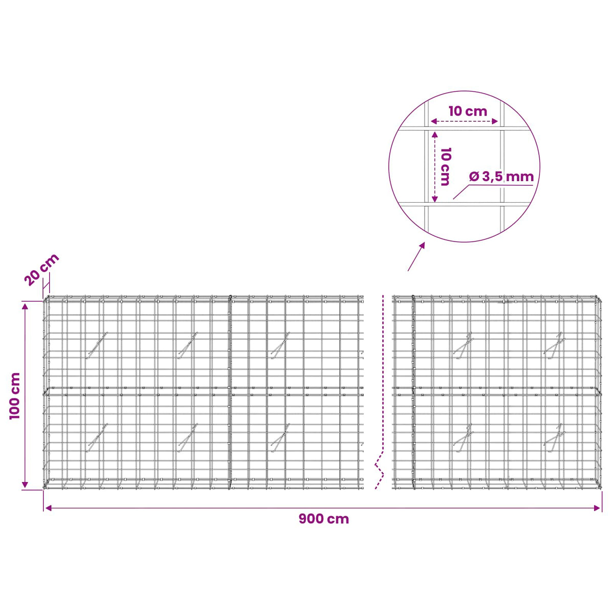 Γκαμπιόν με σύρμα 3,5 mm και πλέγμα 10x10 cm 900x20x100 εκ