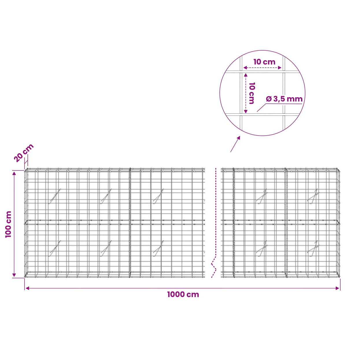 Γκαμπιόν με σύρμα 3,5 mm και πλέγμα 10x10 cm 1000x20x100 εκ - Pakobazaar