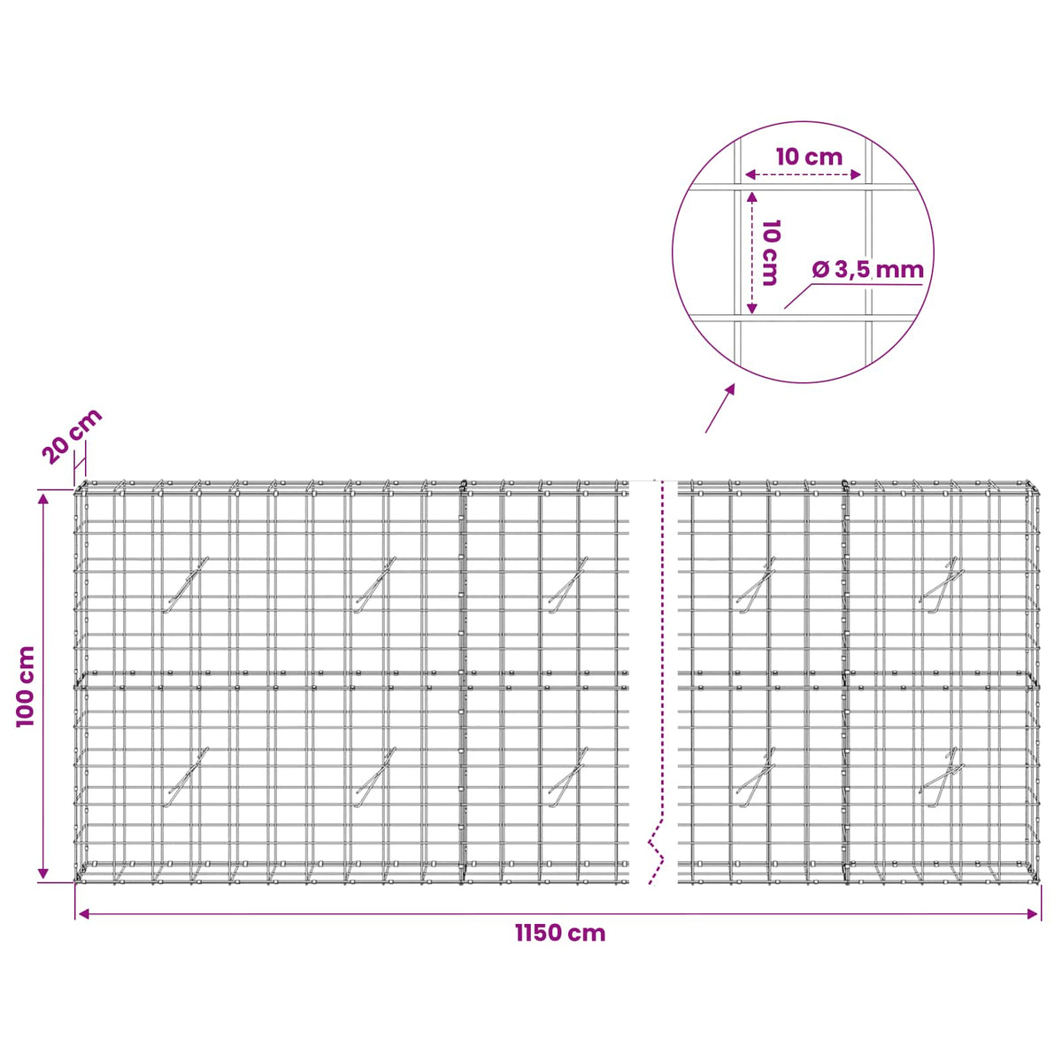 Γκαμπιόν με σύρμα 3,5 mm και πλέγμα 10x10 cm 1150x20x100 εκ - Pakobazaar