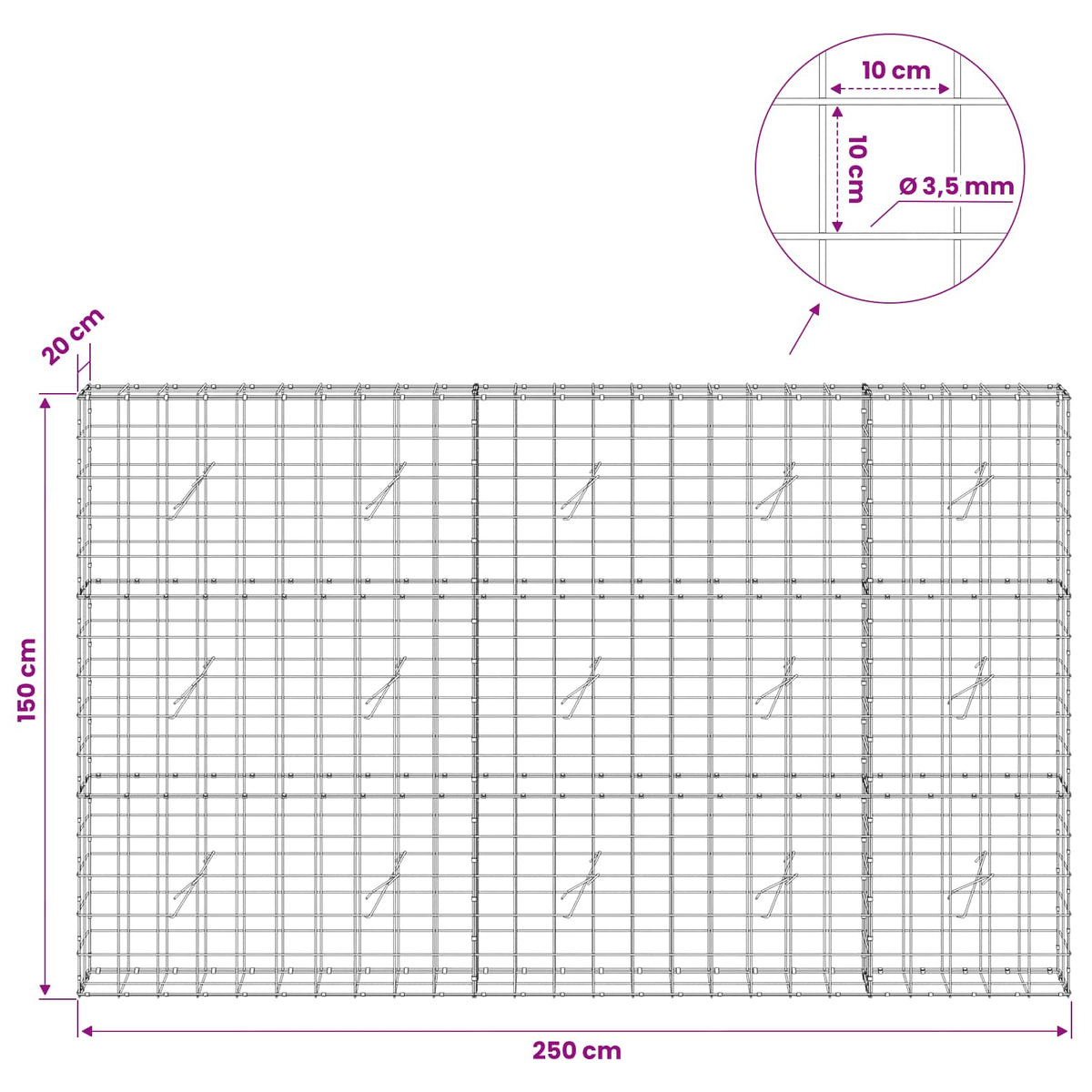 Γκαμπιόν με σύρμα 3,5 mm και πλέγμα 10x10 cm 250x20x150 εκ.