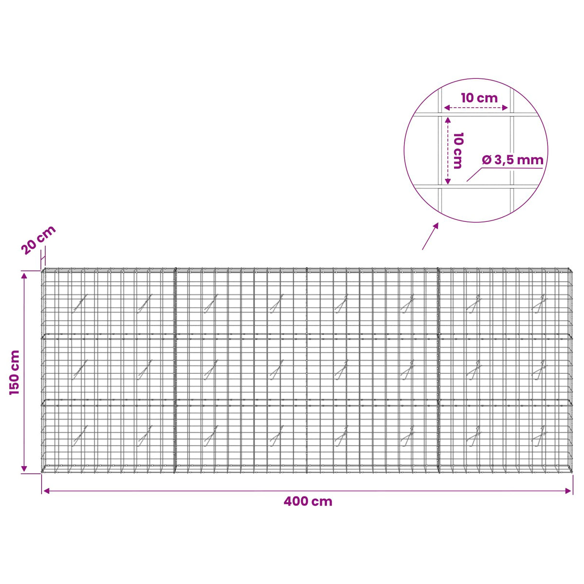 Γκαμπιόν με σύρμα 3,5 mm και πλέγμα 10x10 cm 400x20x150 εκ - Pakobazaar