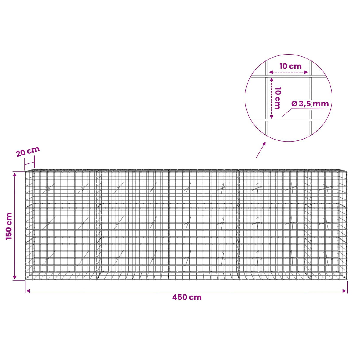 Γκαμπιόν με σύρμα 3,5 mm και πλέγμα 10x10 cm 450x20x150 εκ - Pakobazaar