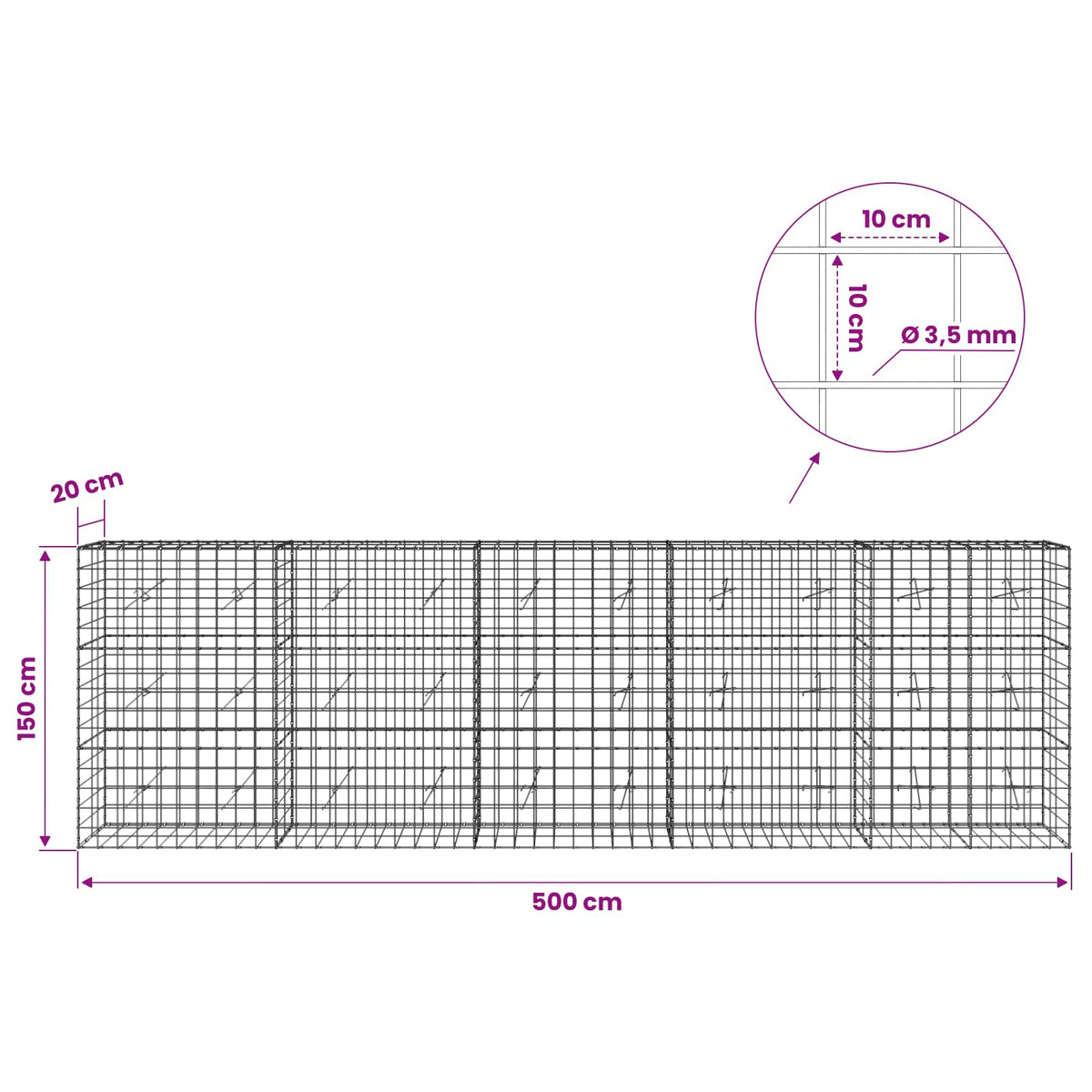 Γκαμπιόν με σύρμα 3,5 mm και πλέγμα 10x10 cm 500x20x150 εκ
