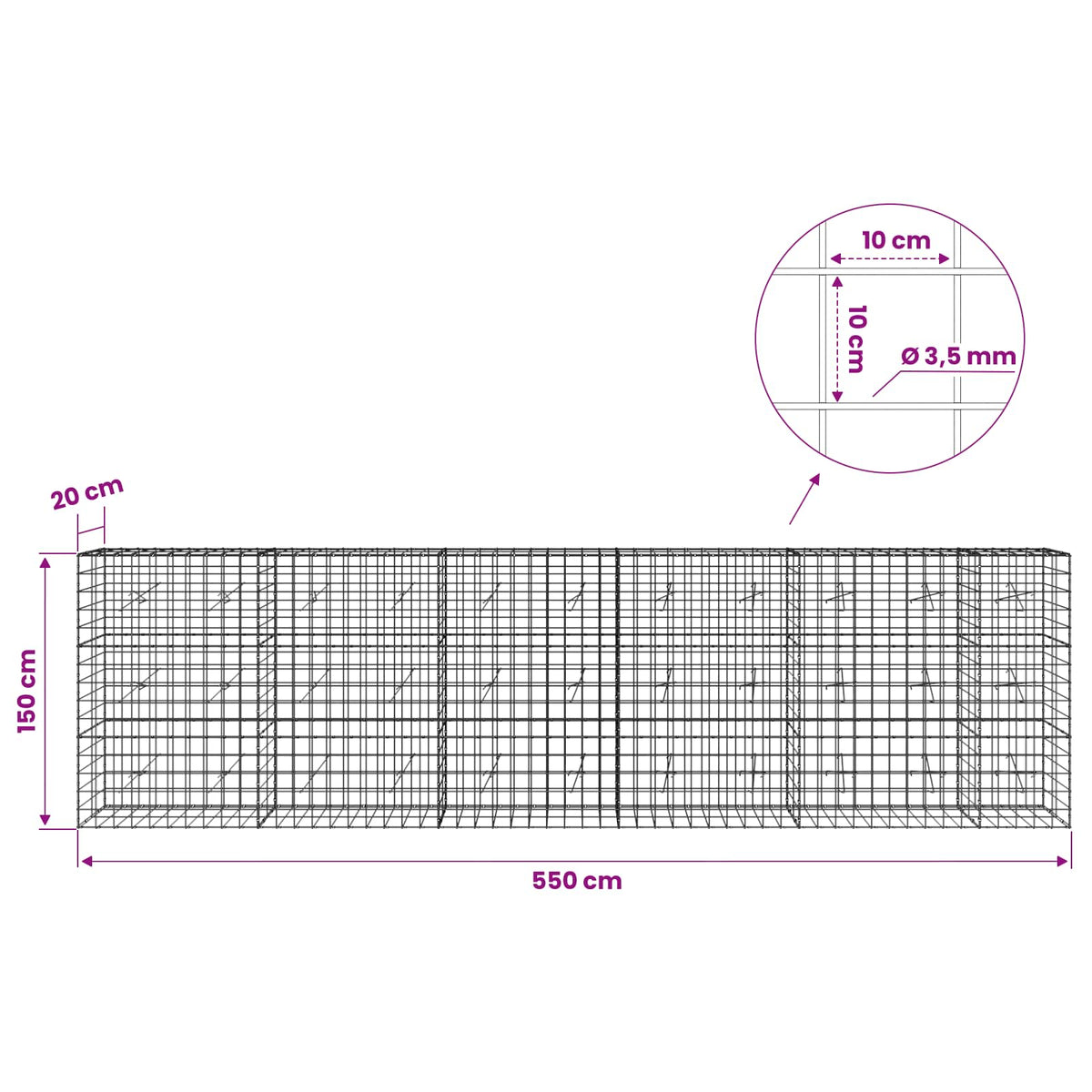 Γκαμπιόν με σύρμα 3,5 mm και πλέγμα 10x10 cm 550x20x150 εκ - Pakobazaar