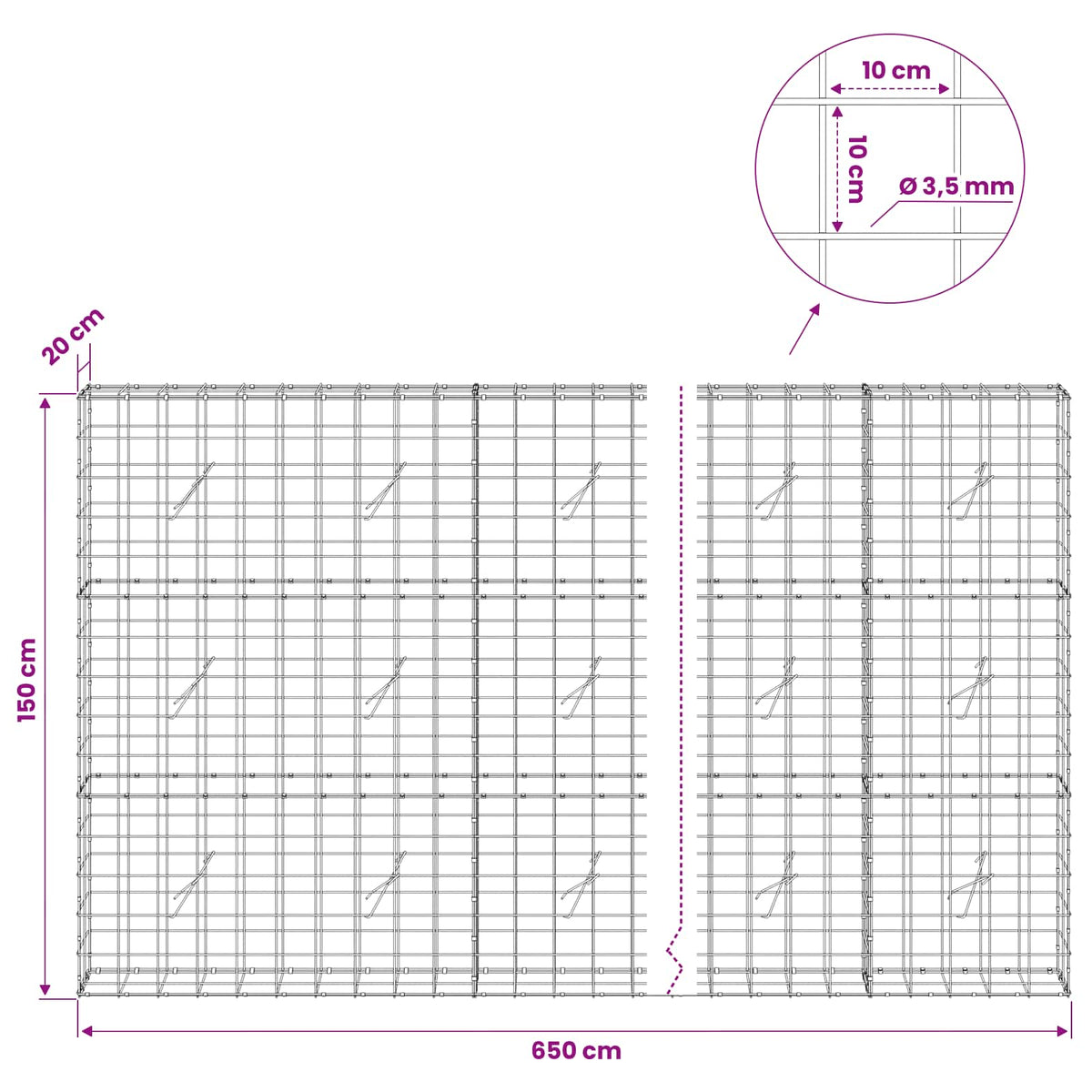 Γκαμπιόν με σύρμα 3,5 mm και πλέγμα 10x10 cm 650x20x150 εκ