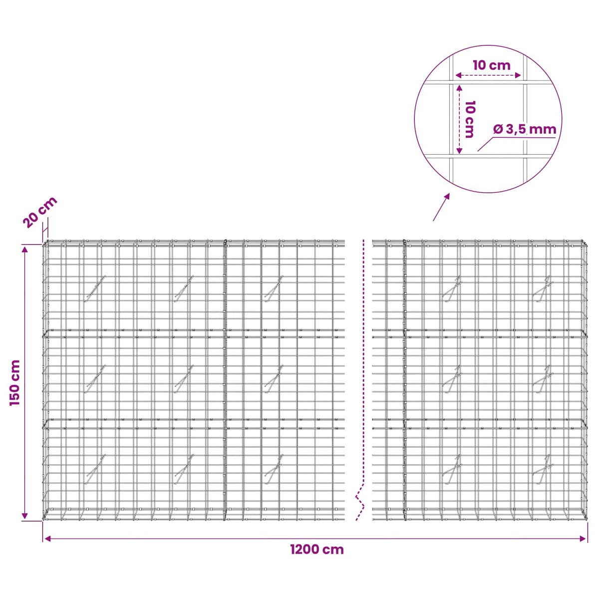 Γκαμπιόν με σύρμα 3,5 mm και πλέγμα 10x10 cm 1200x20x150 εκ - Pakobazaar
