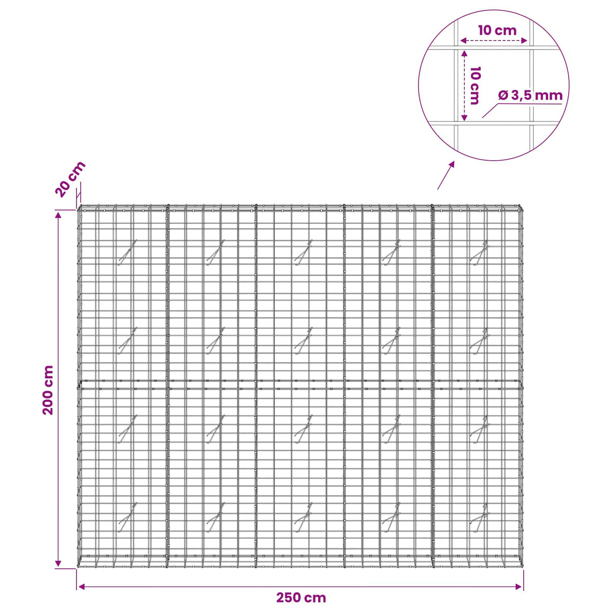Γκαμπιόν με σύρμα 3,5 mm και πλέγμα 10x10 cm 250x20x200 εκ.