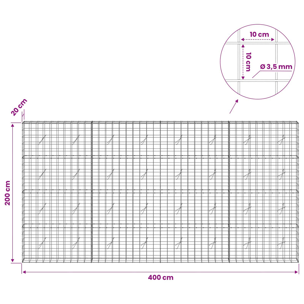 Γκαμπιόν με σύρμα 3,5 mm και πλέγμα 10x10 cm 400x20x200 εκ - Pakobazaar