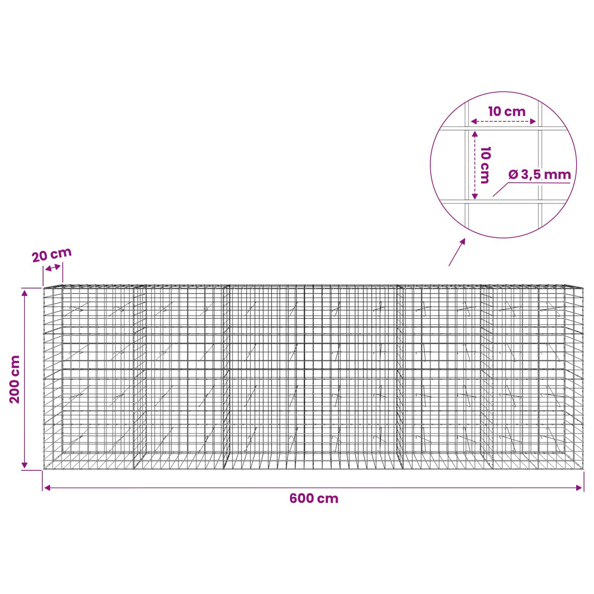 Γκαμπιόν με σύρμα 3,5 mm και πλέγμα 10x10 cm 600x20x200 εκ - Pakobazaar