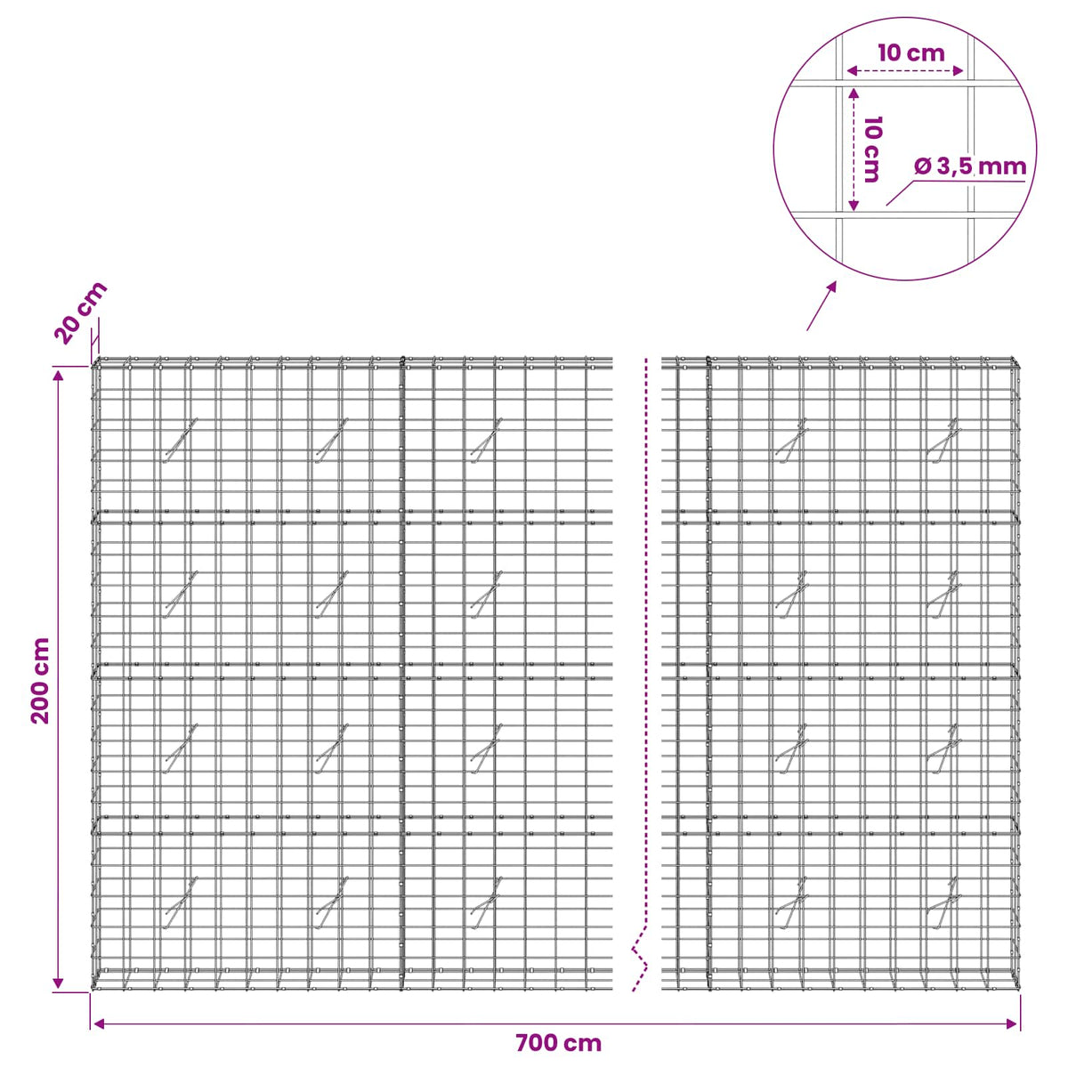 Γκαμπιόν με σύρμα 3,5 mm και πλέγμα 10x10 cm 700x20x200 εκ - Pakobazaar