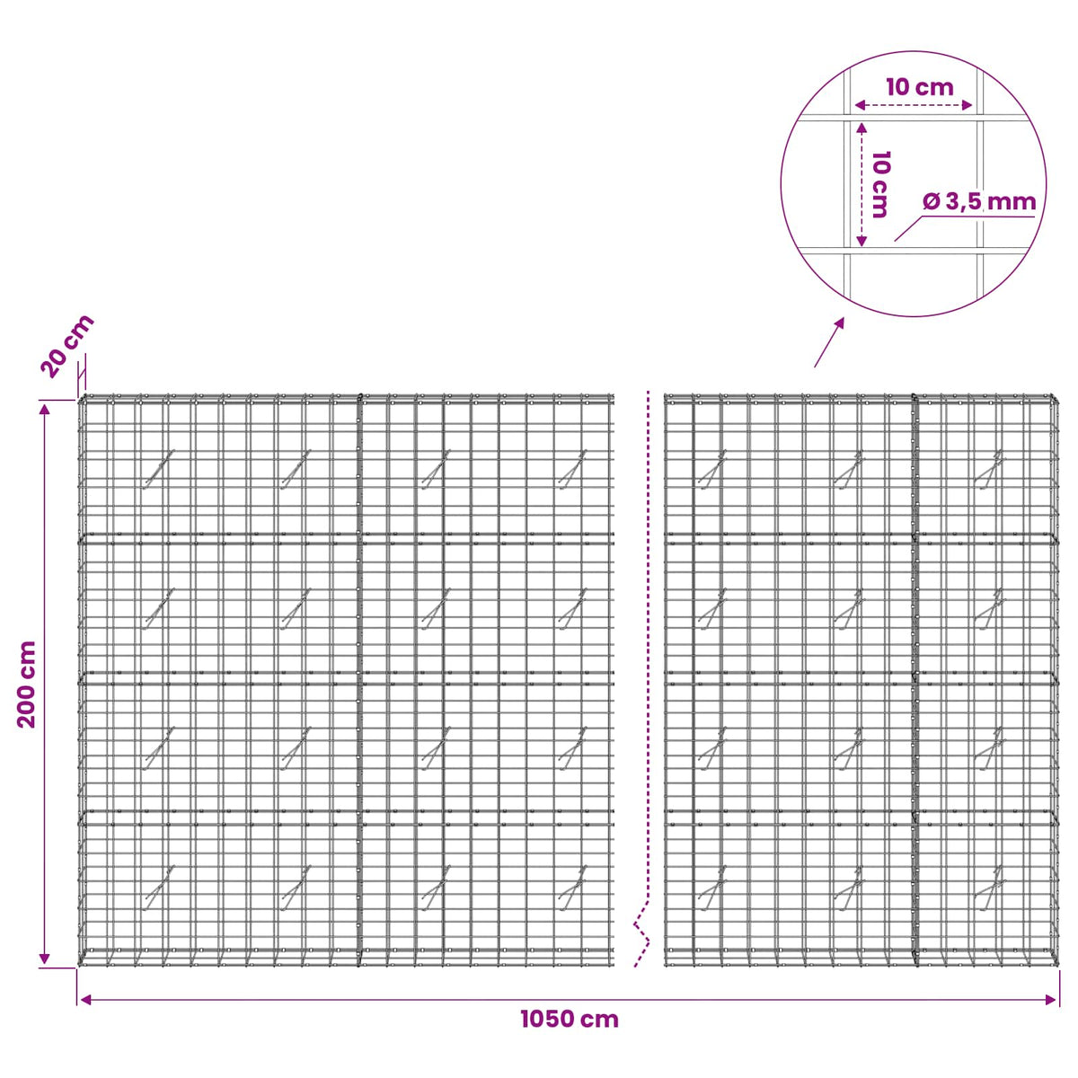 Γκαμπιόν με σύρμα 3,5 mm και πλέγμα 10x10 cm 1050x20x200 εκ - Pakobazaar