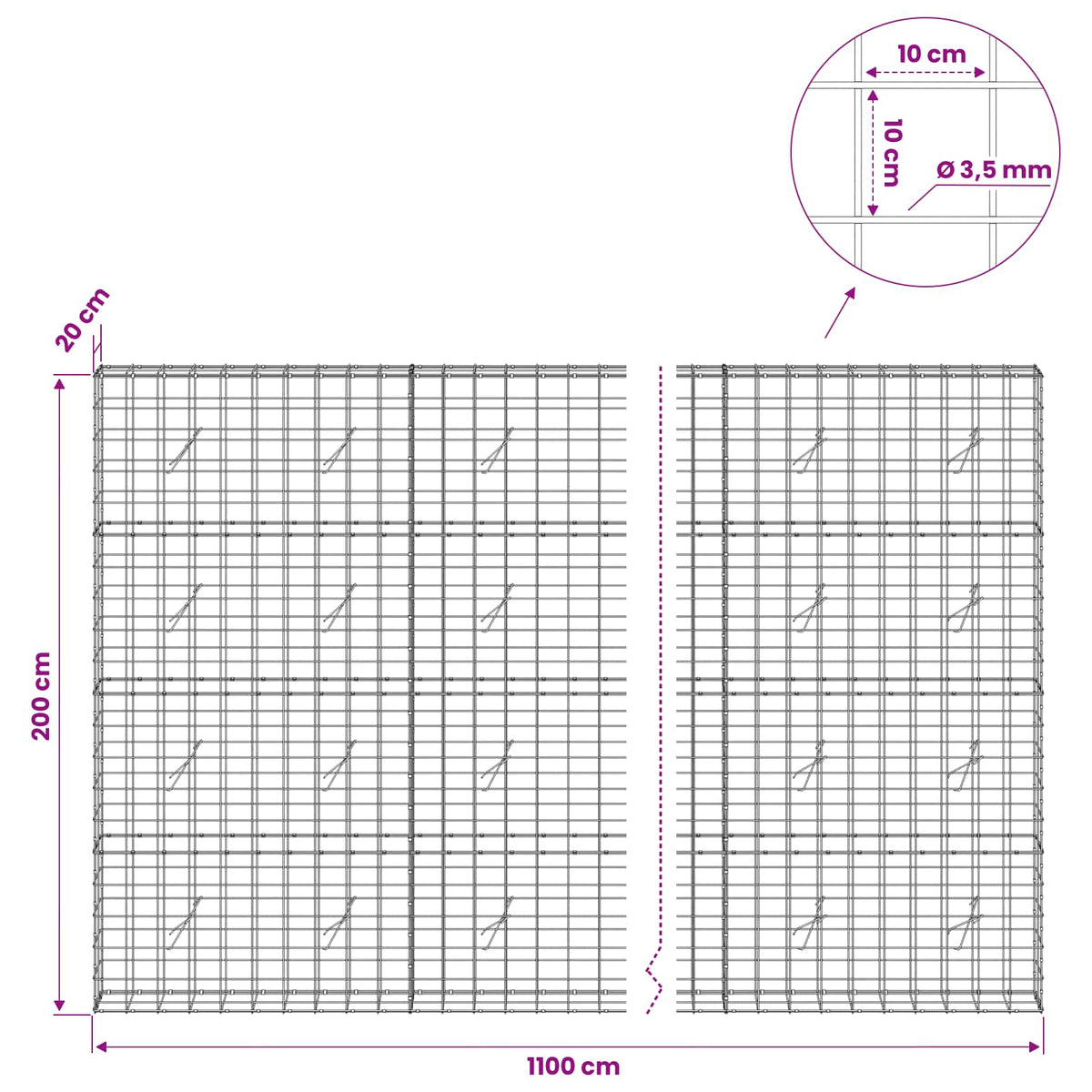 Γκαμπιόν με σύρμα 3,5 mm και πλέγμα 10x10 cm 1100x20x200 εκ