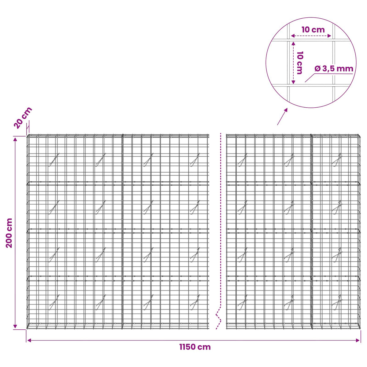 Γκαμπιόν με σύρμα 3,5 mm και πλέγμα 10x10 cm 1150x20x200 εκ - Pakobazaar