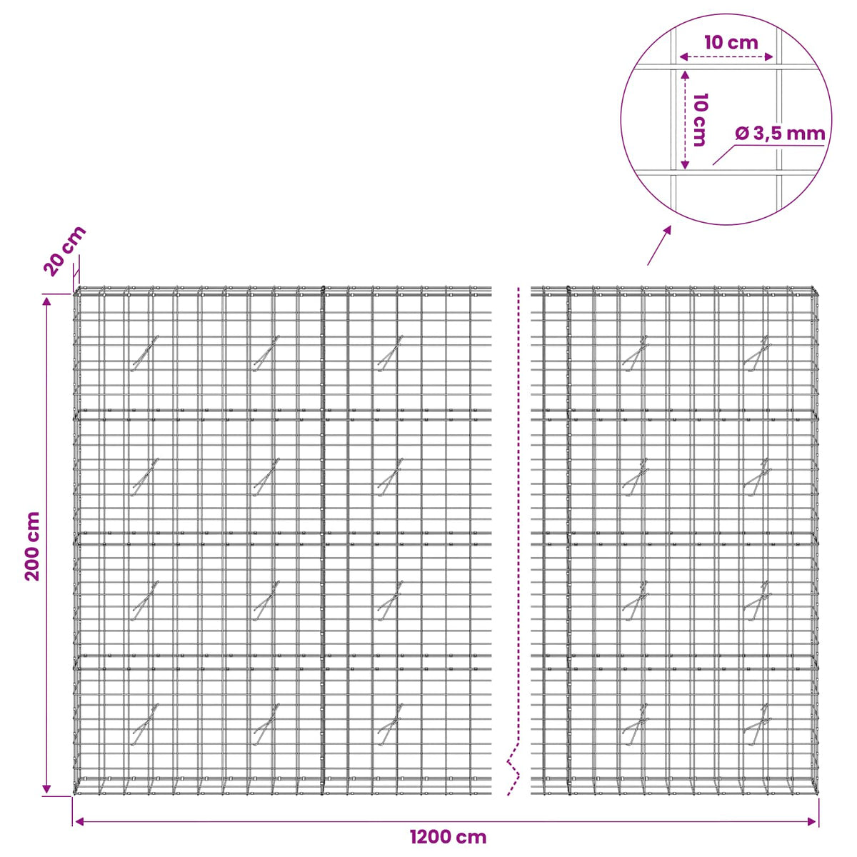 Γκαμπιόν με σύρμα 3,5 mm και πλέγμα 10x10 cm 1200x20x200 εκ - Pakobazaar
