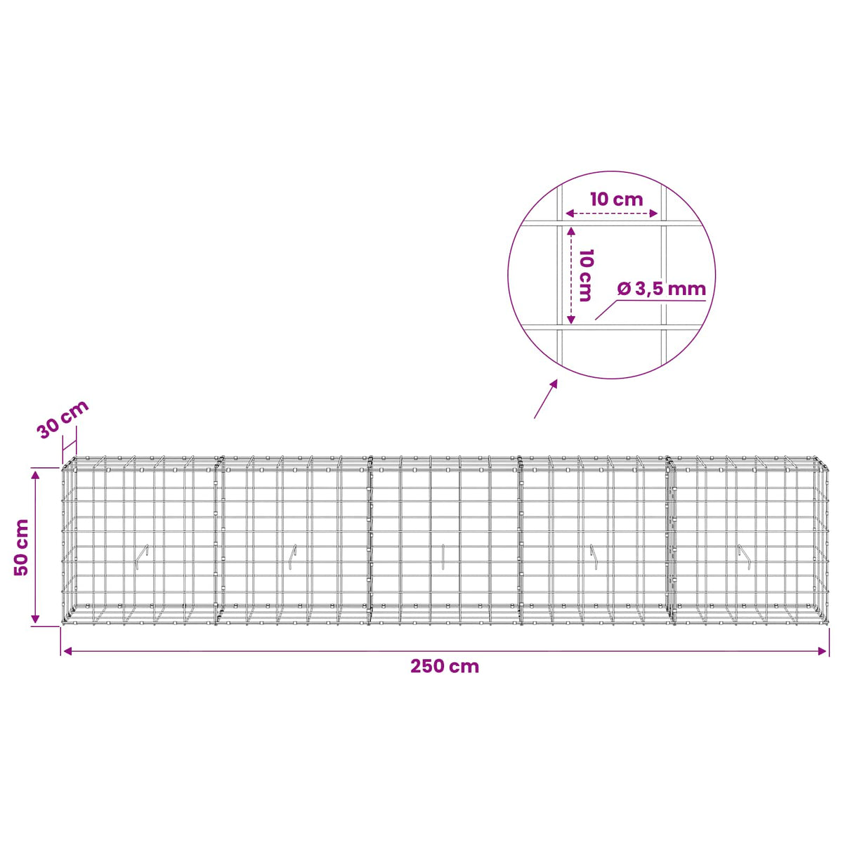 Γκαμπιόν με σύρμα 3,5 mm και πλέγμα 10x10 cm 250x30x50 εκ
