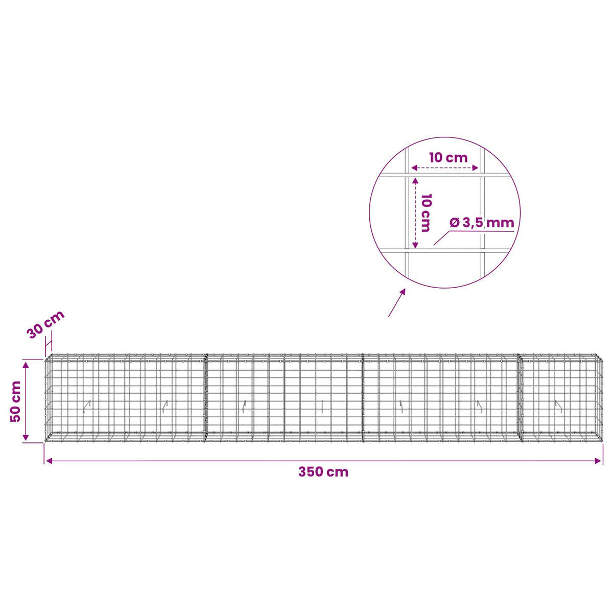 Γκαμπιόν με σύρμα 3,5 mm και πλέγμα 10x10 cm 350x30x50 εκ - Pakobazaar