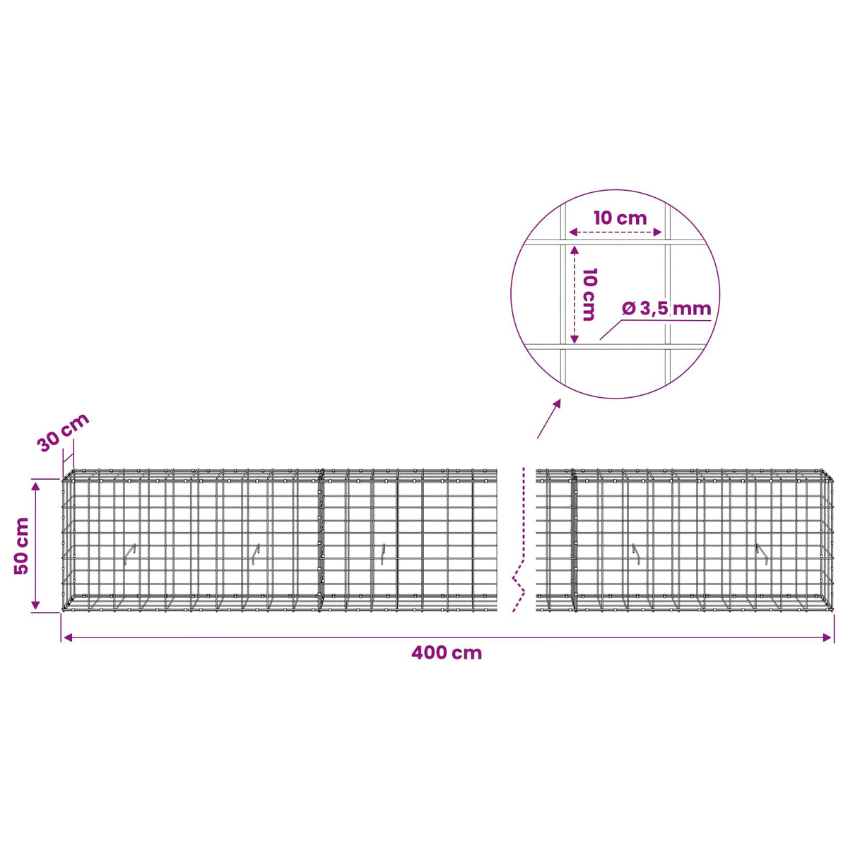 Γκαμπιόν με σύρμα 3,5 mm και πλέγμα 10x10 cm 400x30x50 εκ - Pakobazaar