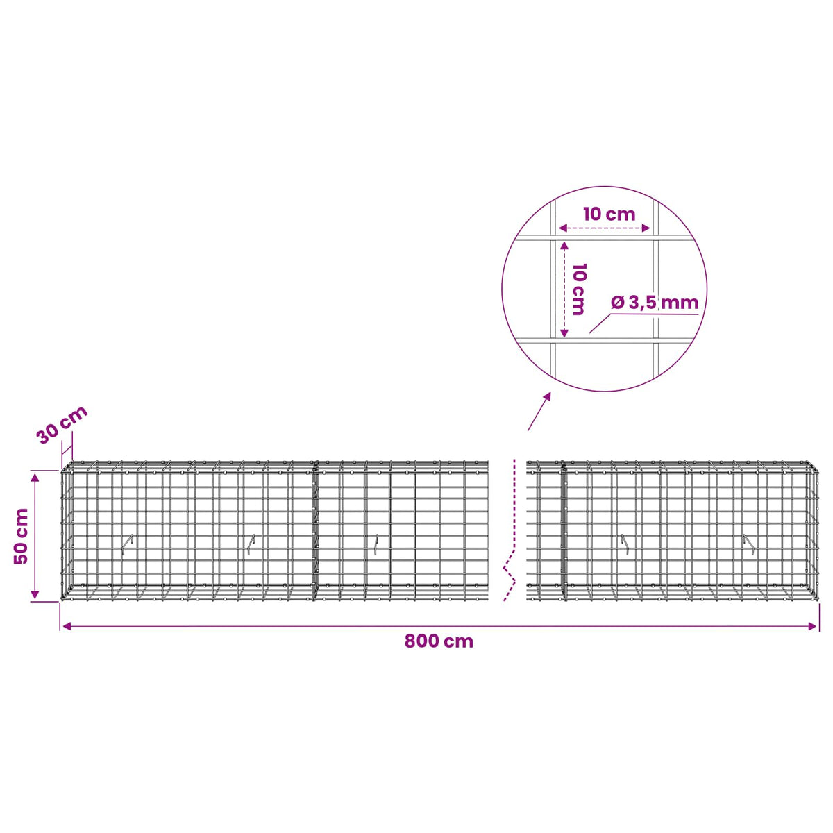 Γκαμπιόν με σύρμα 3,5 mm και πλέγμα 10x10 cm 800x30x50 εκ - Pakobazaar