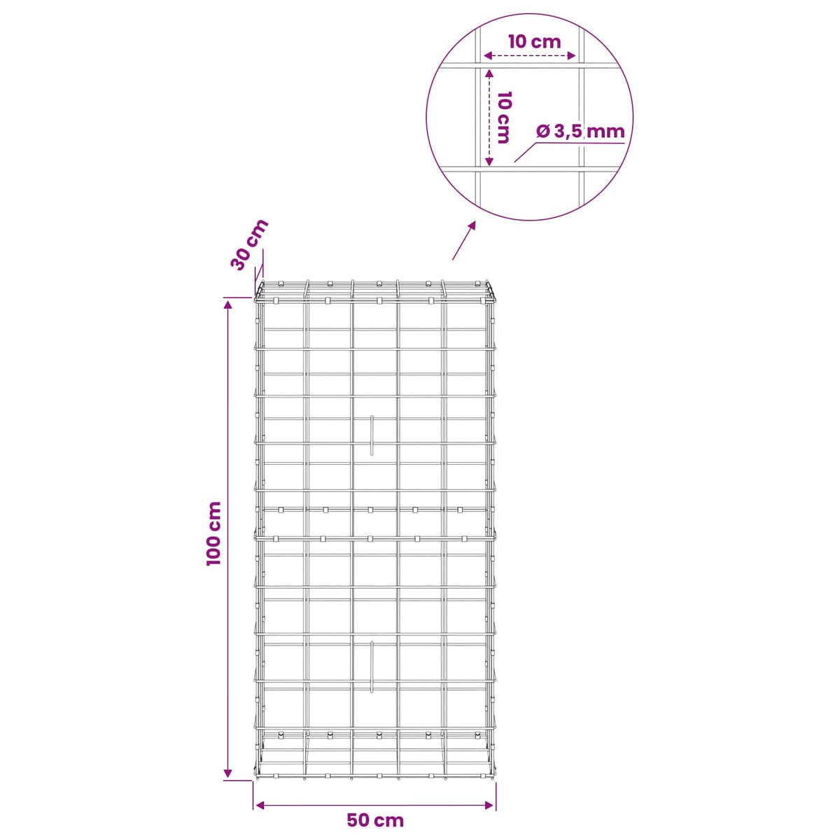 Γκαμπιόν με σύρμα 3,5 mm και πλέγμα 10x10 cm 50x30x100 εκ - Pakobazaar