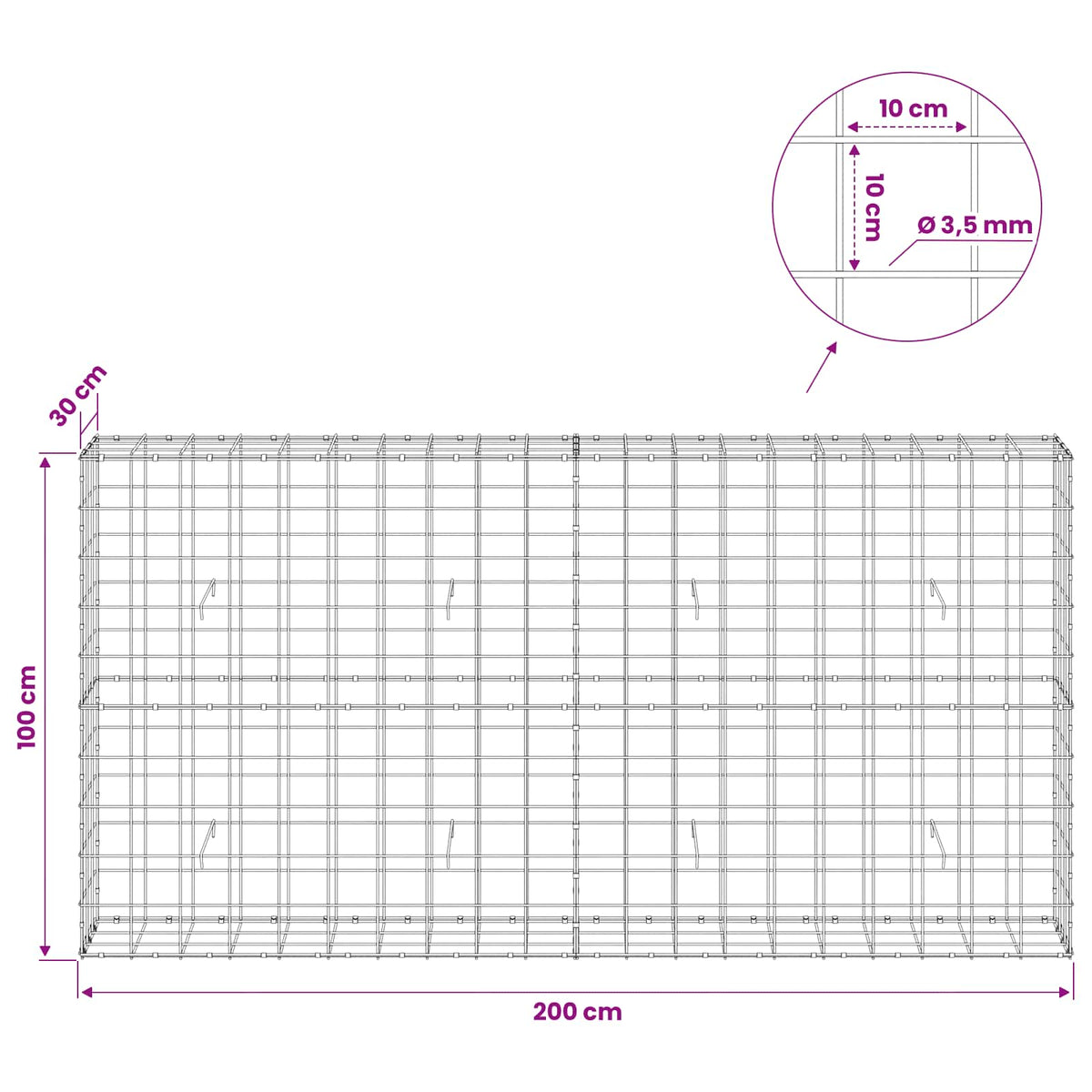 Γκαμπιόν με σύρμα 3,5 mm και πλέγμα 10x10 cm 200x30x100 εκ - Pakobazaar
