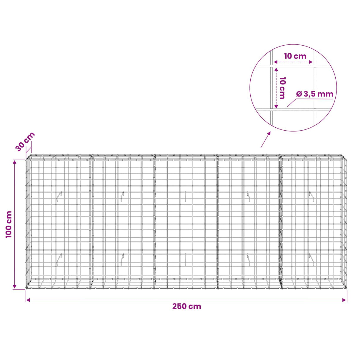 Γκαμπιόν με σύρμα 3,5 mm και πλέγμα 10x10 cm 250x30x100 εκ - Pakobazaar