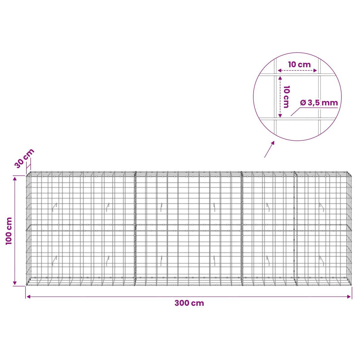 Γκαμπιόν με σύρμα 3,5 mm και πλέγμα 10x10 cm 300x30x100 εκ - Pakobazaar