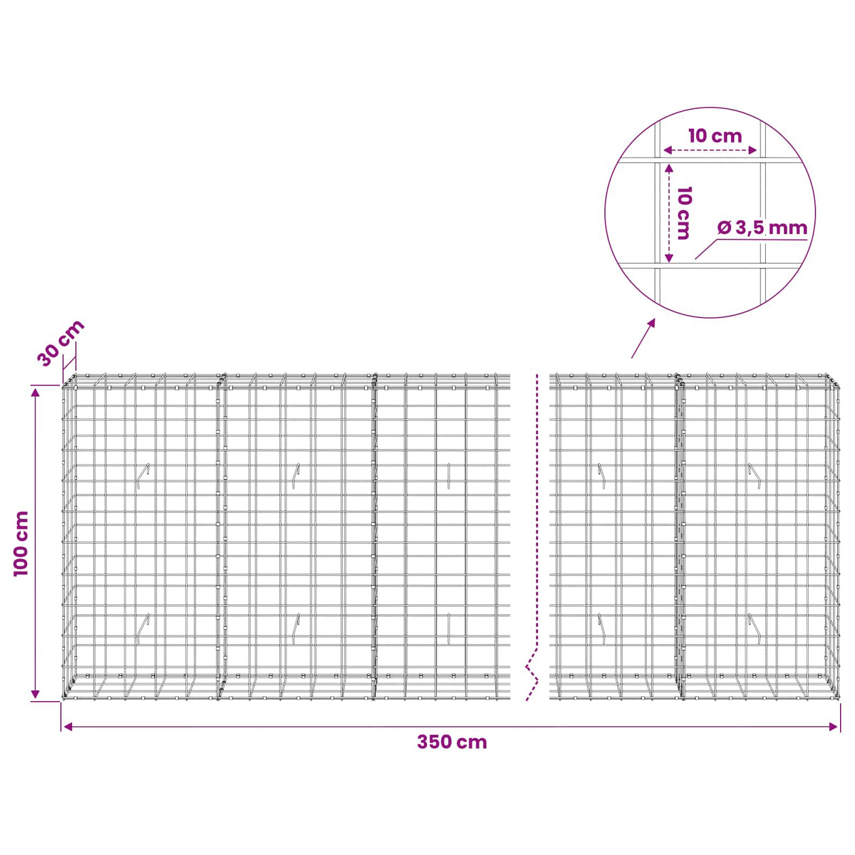 Γκαμπιόν με σύρμα 3,5 mm και πλέγμα 10x10 cm 350x30x100 εκ - Pakobazaar