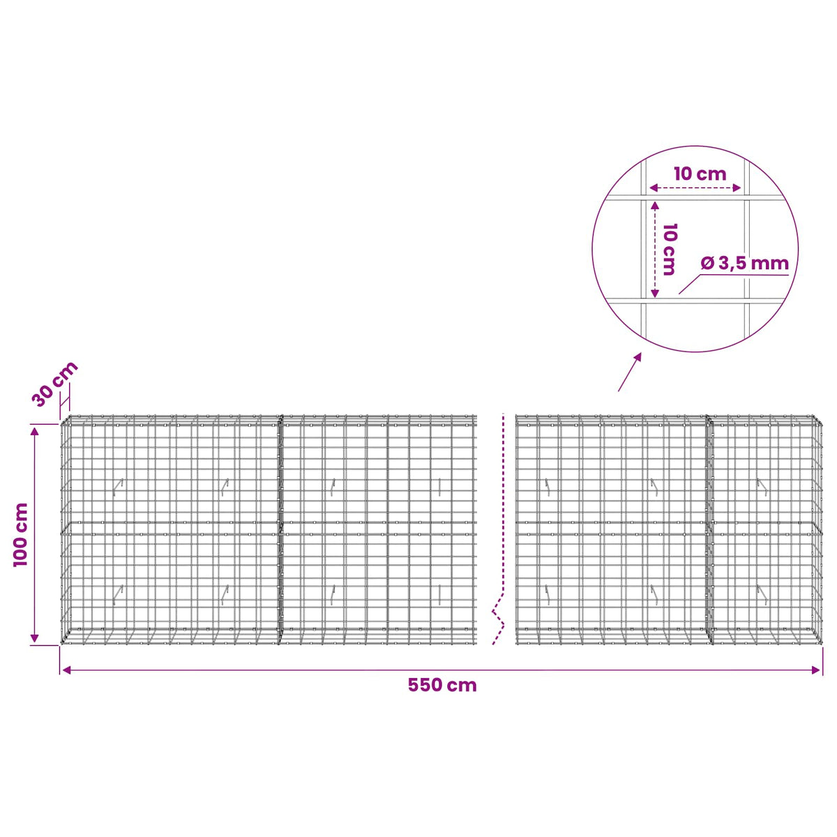 Γκαμπιόν με σύρμα 3,5 mm και πλέγμα 10x10 cm 550x30x100 εκ - Pakobazaar