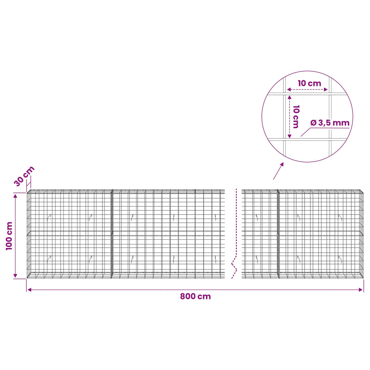 Γκαμπιόν με σύρμα 3,5 mm και πλέγμα 10x10 cm 800x30x100 εκ