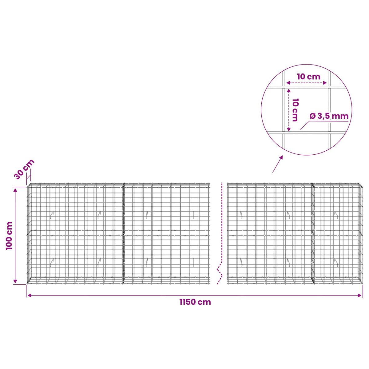 Γκαμπιόν με σύρμα 3,5 mm και πλέγμα 10x10 cm 1150x30x100 εκ - Pakobazaar