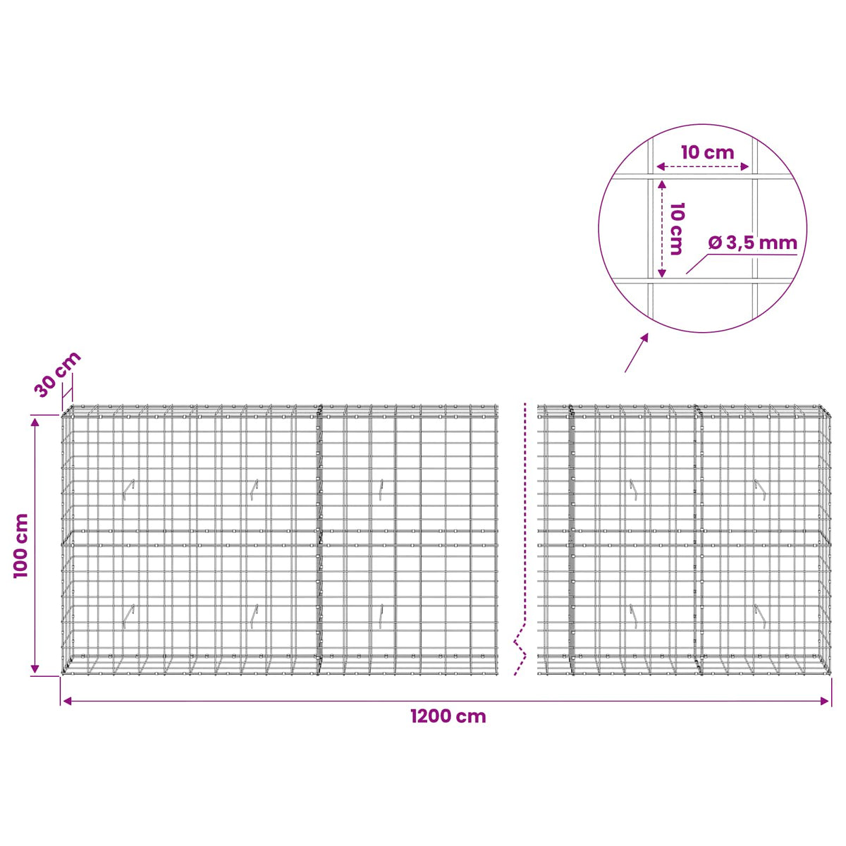 Γκαμπιόν με σύρμα 3,5 mm και πλέγμα 10x10 cm 1200x30x100 εκ - Pakobazaar
