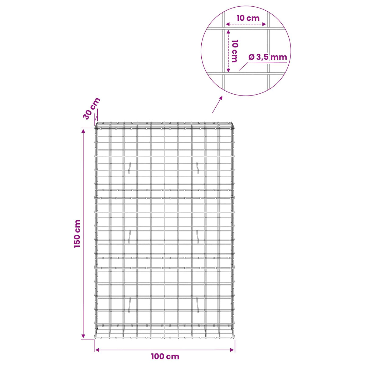 Γκαμπιόν με σύρμα 3,5 mm και πλέγμα 10x10 cm 100x30x150 εκ - Pakobazaar