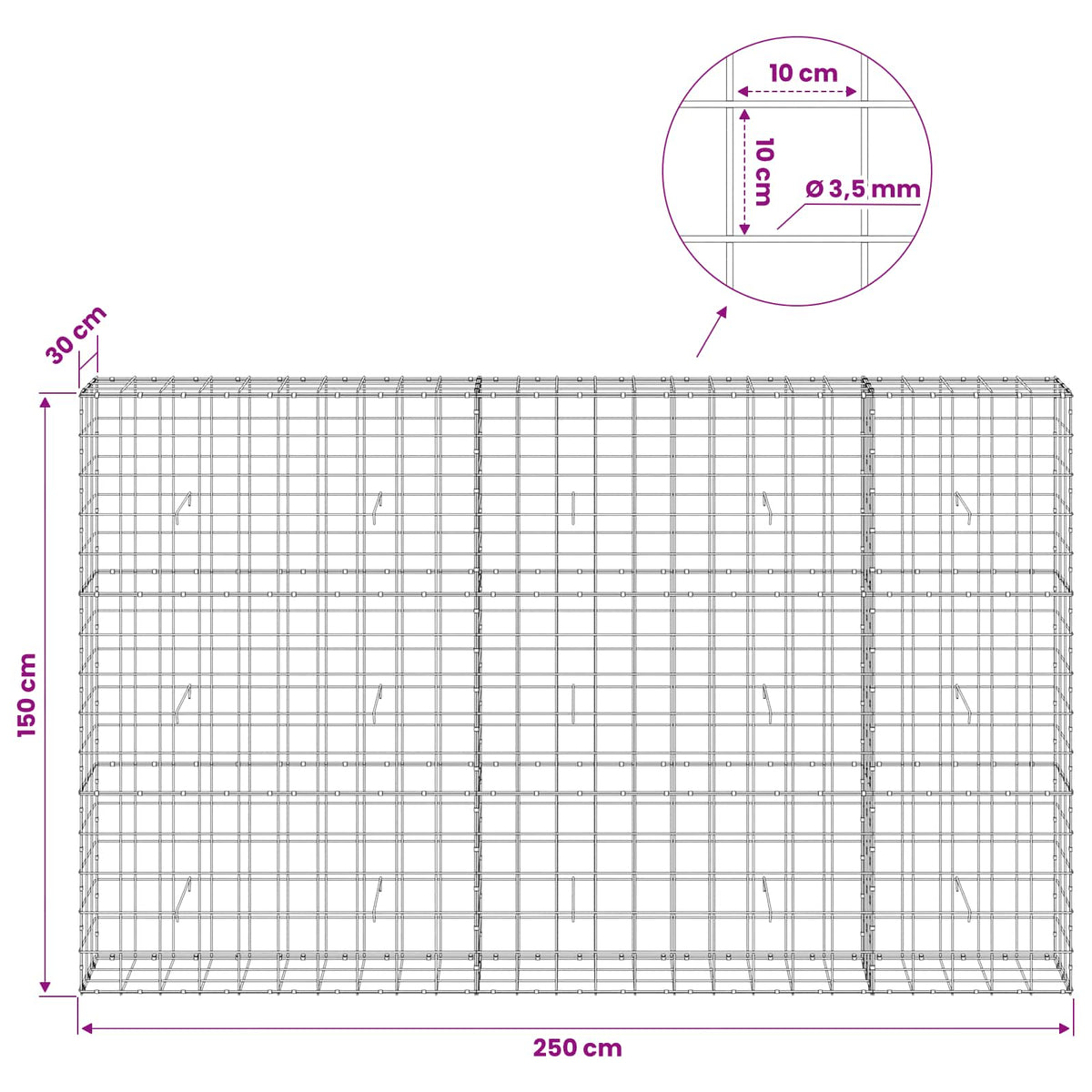 Γκαμπιόν με σύρμα 3,5 mm και πλέγμα 10x10 cm 250x30x150 εκ