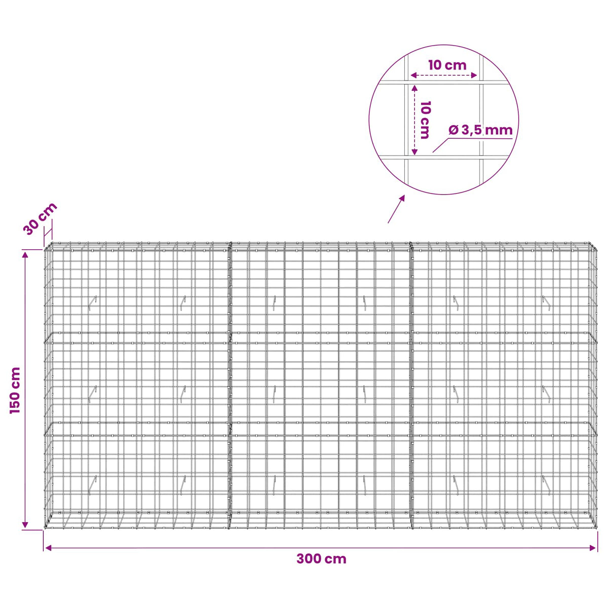 Γκαμπιόν με σύρμα 3,5 mm και πλέγμα 10x10 cm 300x30x150 εκ - Pakobazaar