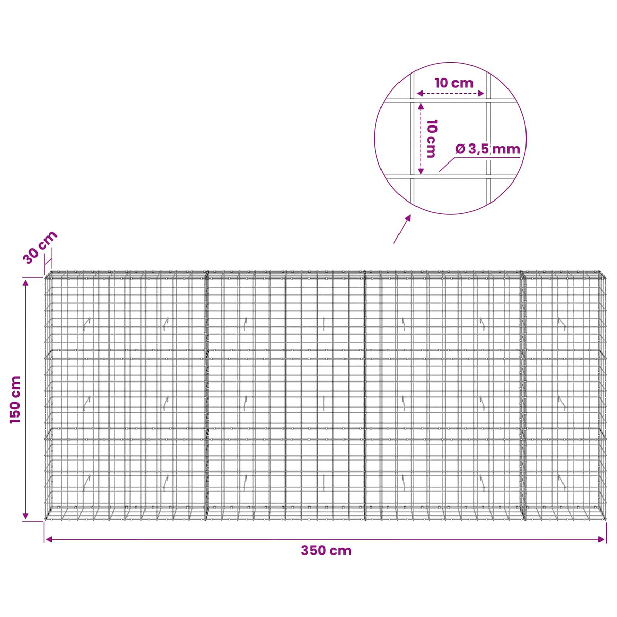 Γκαμπιόν με σύρμα 3,5 mm και πλέγμα 10x10 cm 350x30x150 εκ.