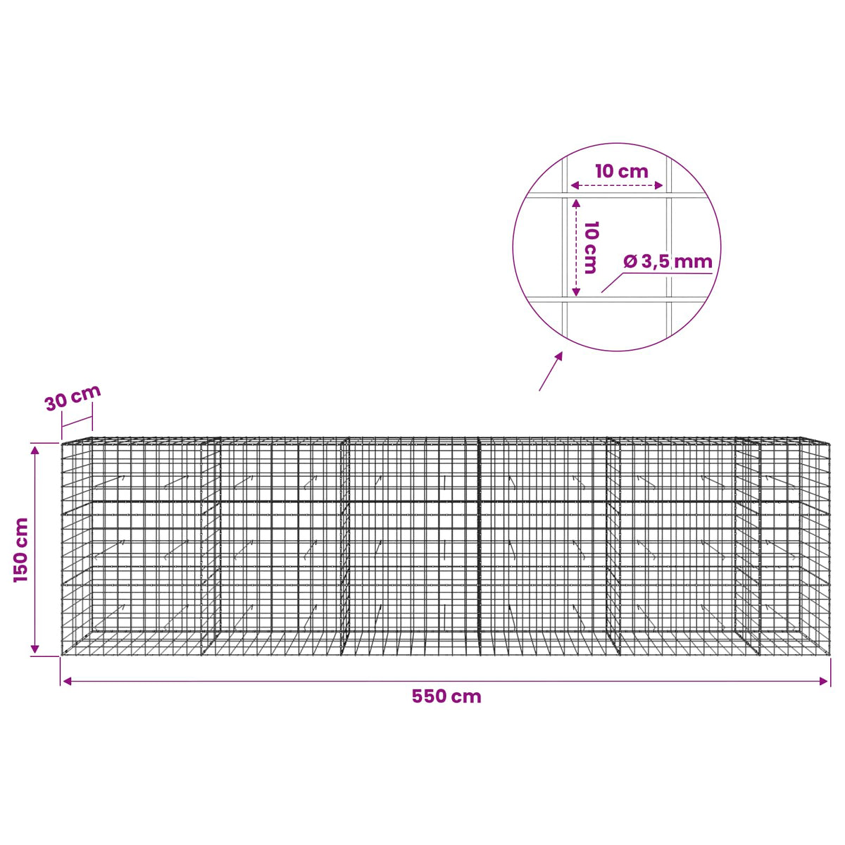 Γκαμπιόν με σύρμα 3,5 mm και πλέγμα 10x10 cm 550x30x150 εκ