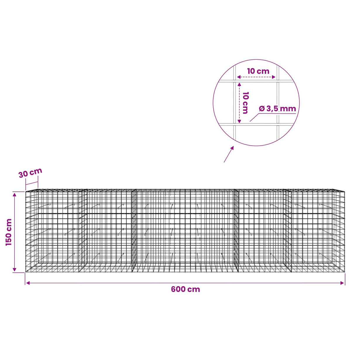 Γκαμπιόν με σύρμα 3,5 mm και πλέγμα 10x10 cm 600x30x150 εκ - Pakobazaar
