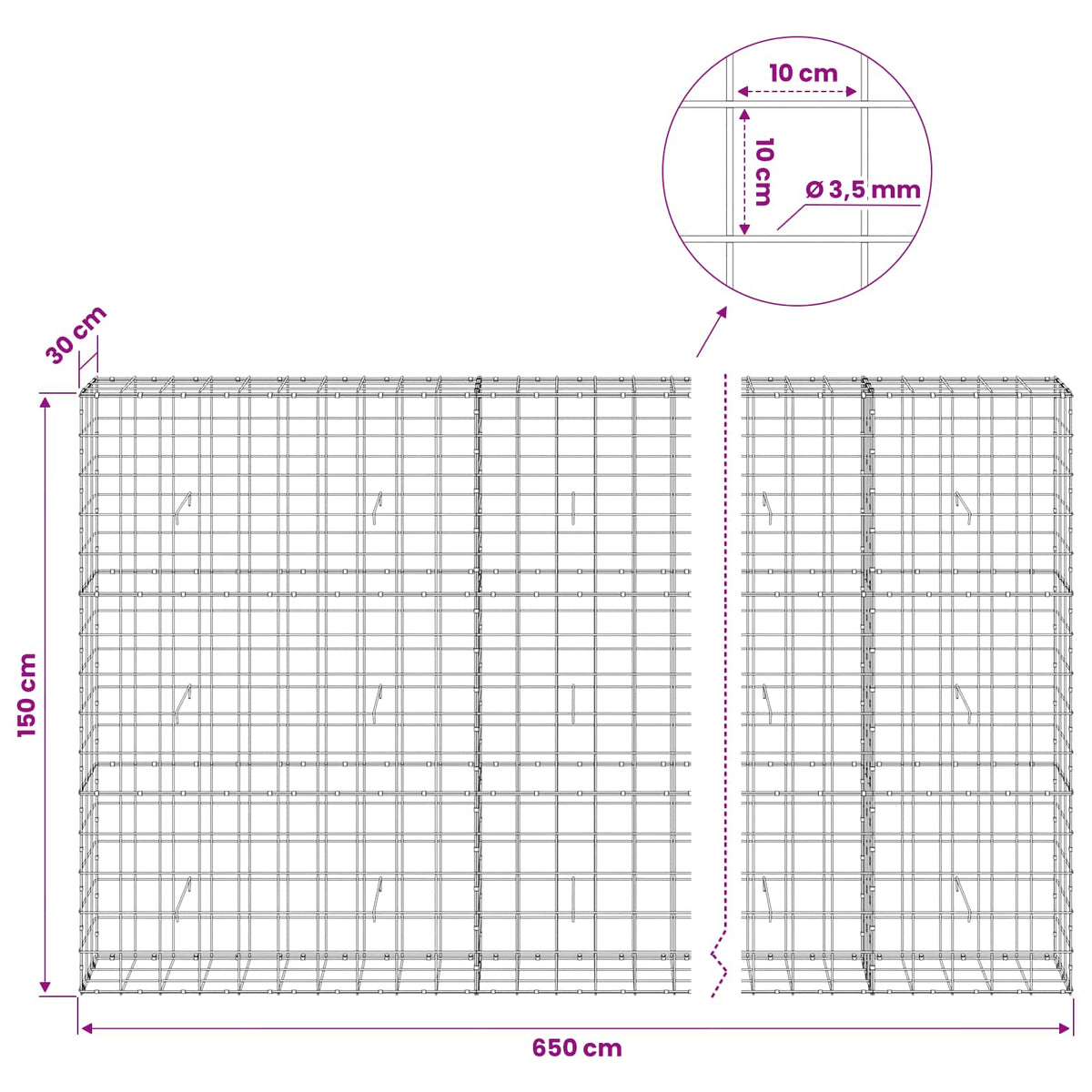 Γκαμπιόν με σύρμα 3,5 mm και πλέγμα 10x10 cm 650x30x150 εκ - Pakobazaar