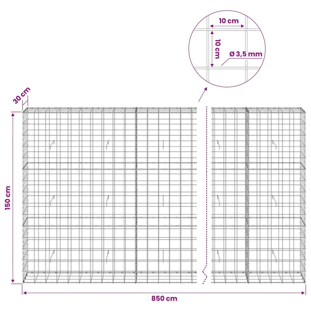 Γκαμπιόν με σύρμα 3,5 mm και πλέγμα 10x10 cm 850x30x150 εκ