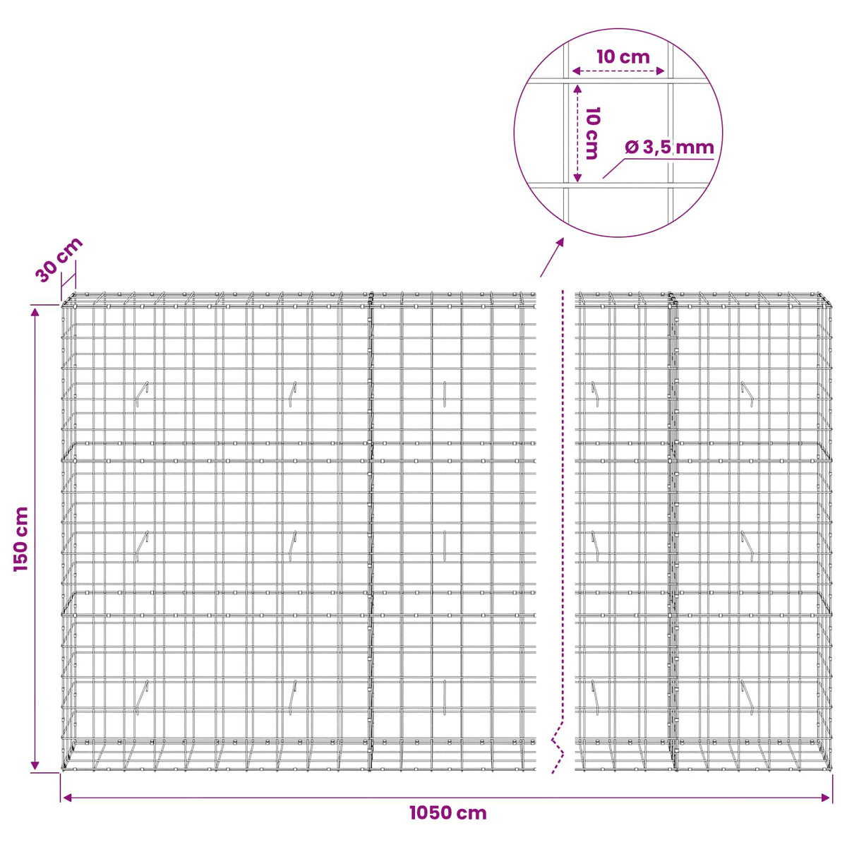 Γκαμπιόν με σύρμα 3,5 mm και πλέγμα 10x10 cm 1050x30x150 εκ. - Pakobazaar