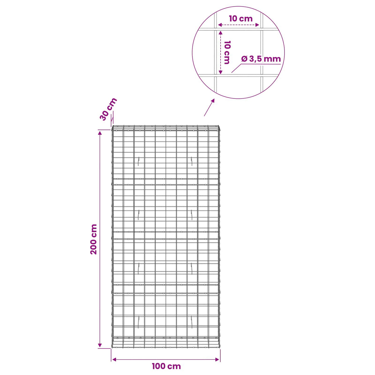 Γκαμπιόν με σύρμα 3,5 mm και πλέγμα 10x10 cm 100x30x200 εκ. - Pakobazaar