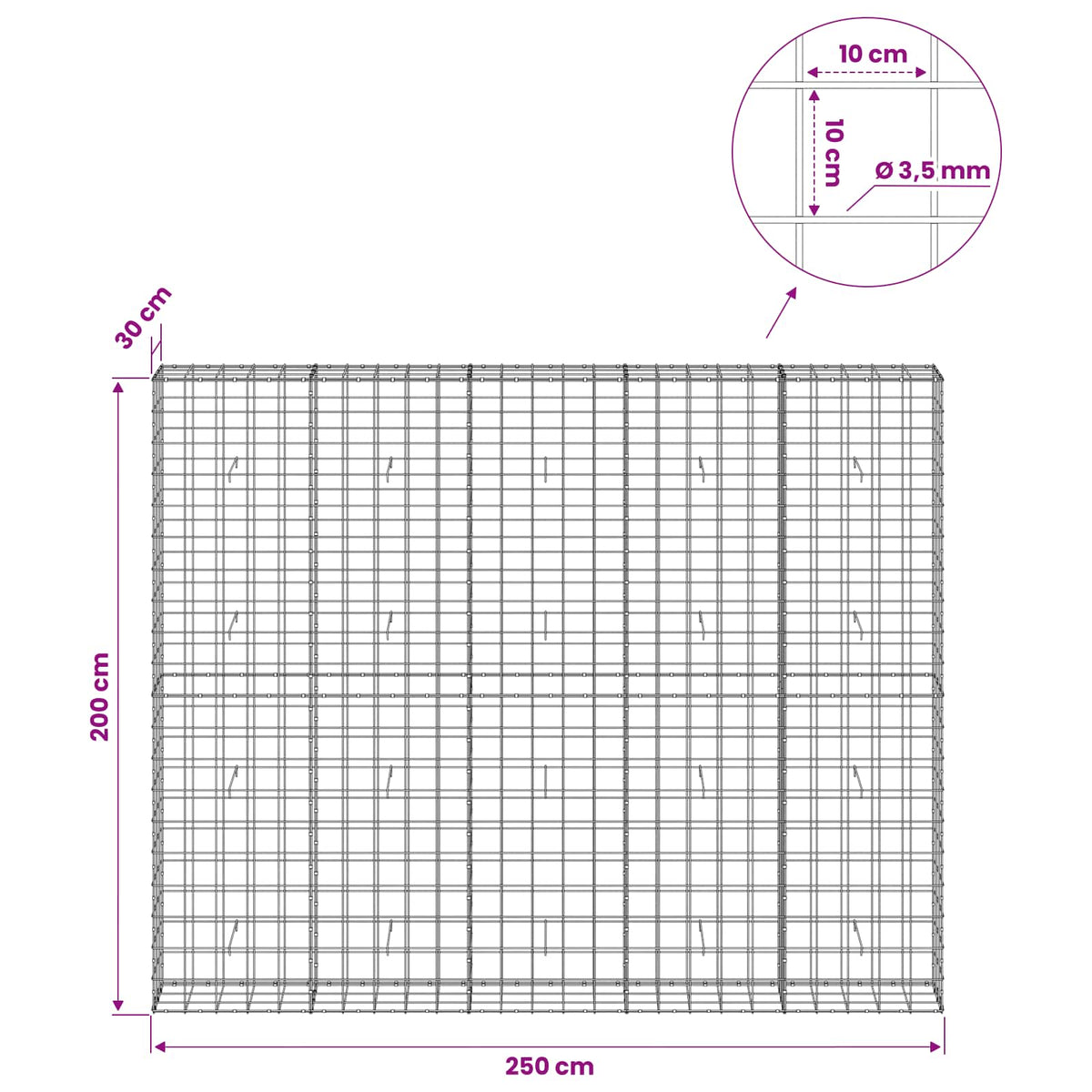 Γκαμπιόν με σύρμα 3,5 mm και πλέγμα 10x10 cm 250x30x200 εκ.