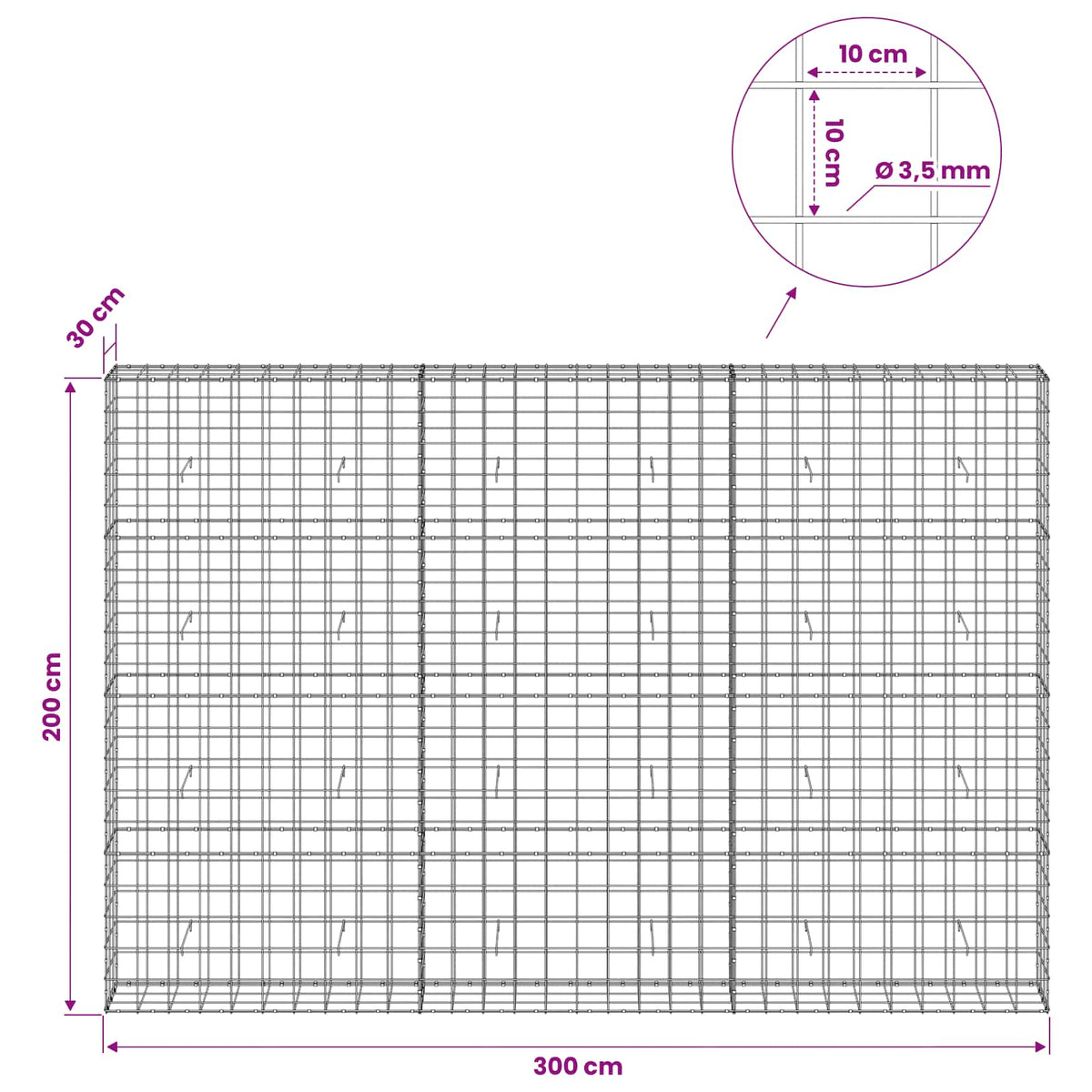 Γκαμπιόν με σύρμα 3,5 mm και πλέγμα 10x10 cm 300x30x200 εκ - Pakobazaar