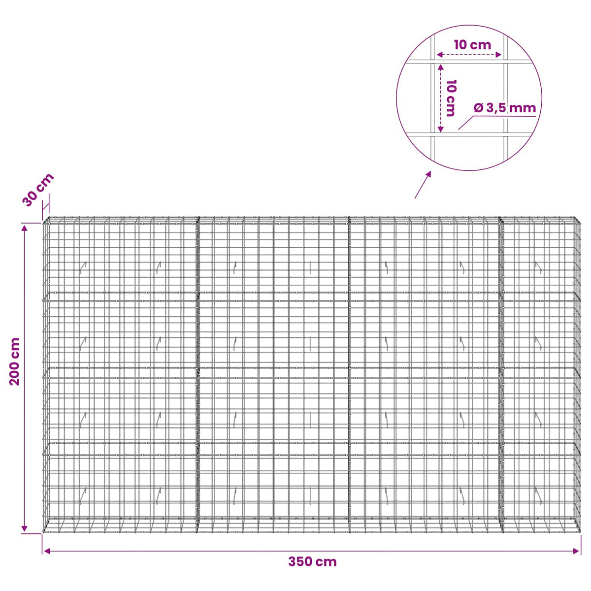 Γκαμπιόν με σύρμα 3,5 mm και πλέγμα 10x10 cm 350x30x200 εκ