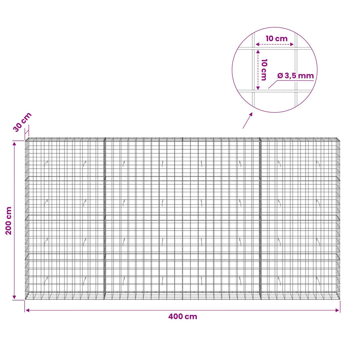 Γκαμπιόν με σύρμα 3,5 mm και πλέγμα 10x10 cm 400x30x200 εκ - Pakobazaar