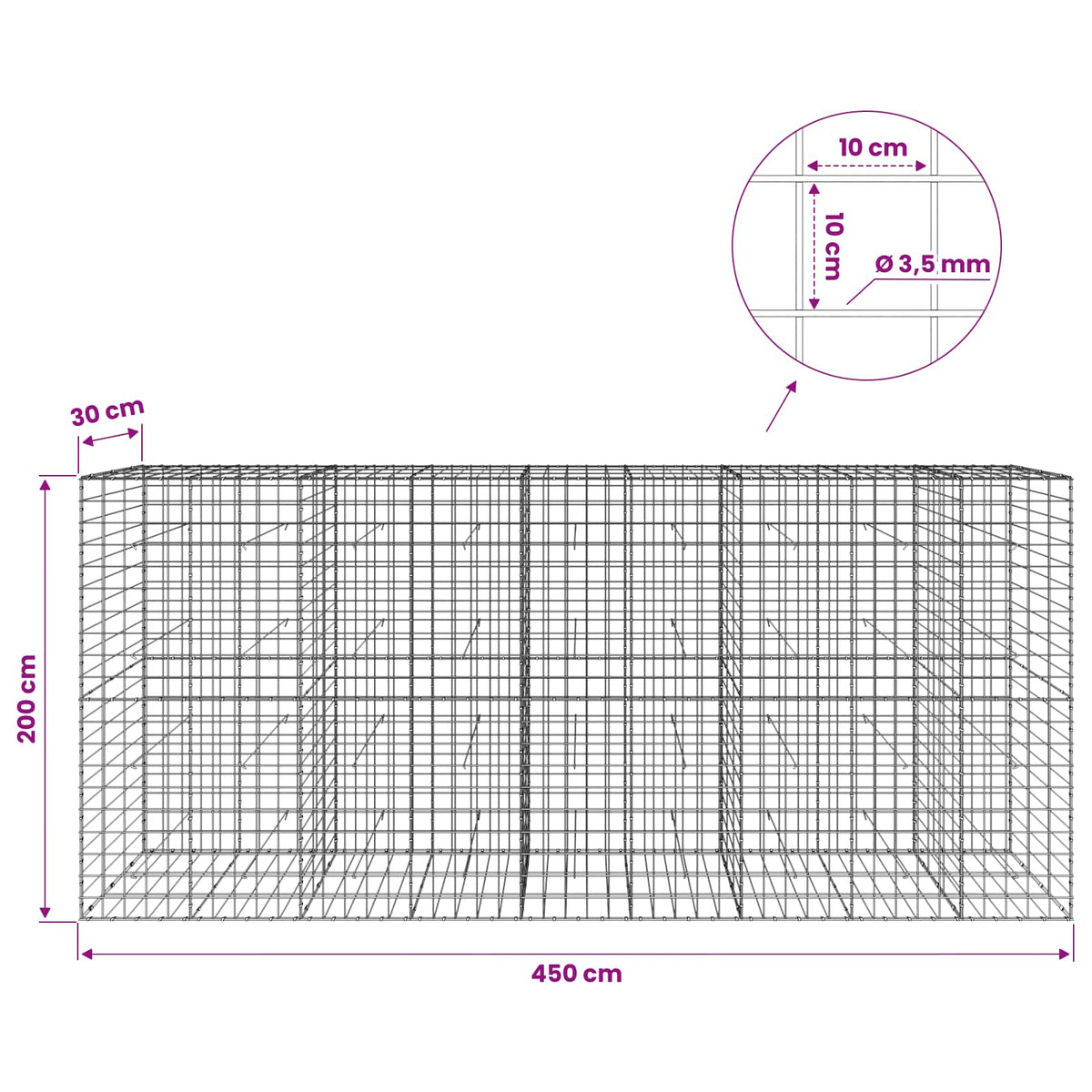 Γκαμπιόν με σύρμα 3,5 mm και πλέγμα 10x10 cm 450x30x200 εκ - Pakobazaar